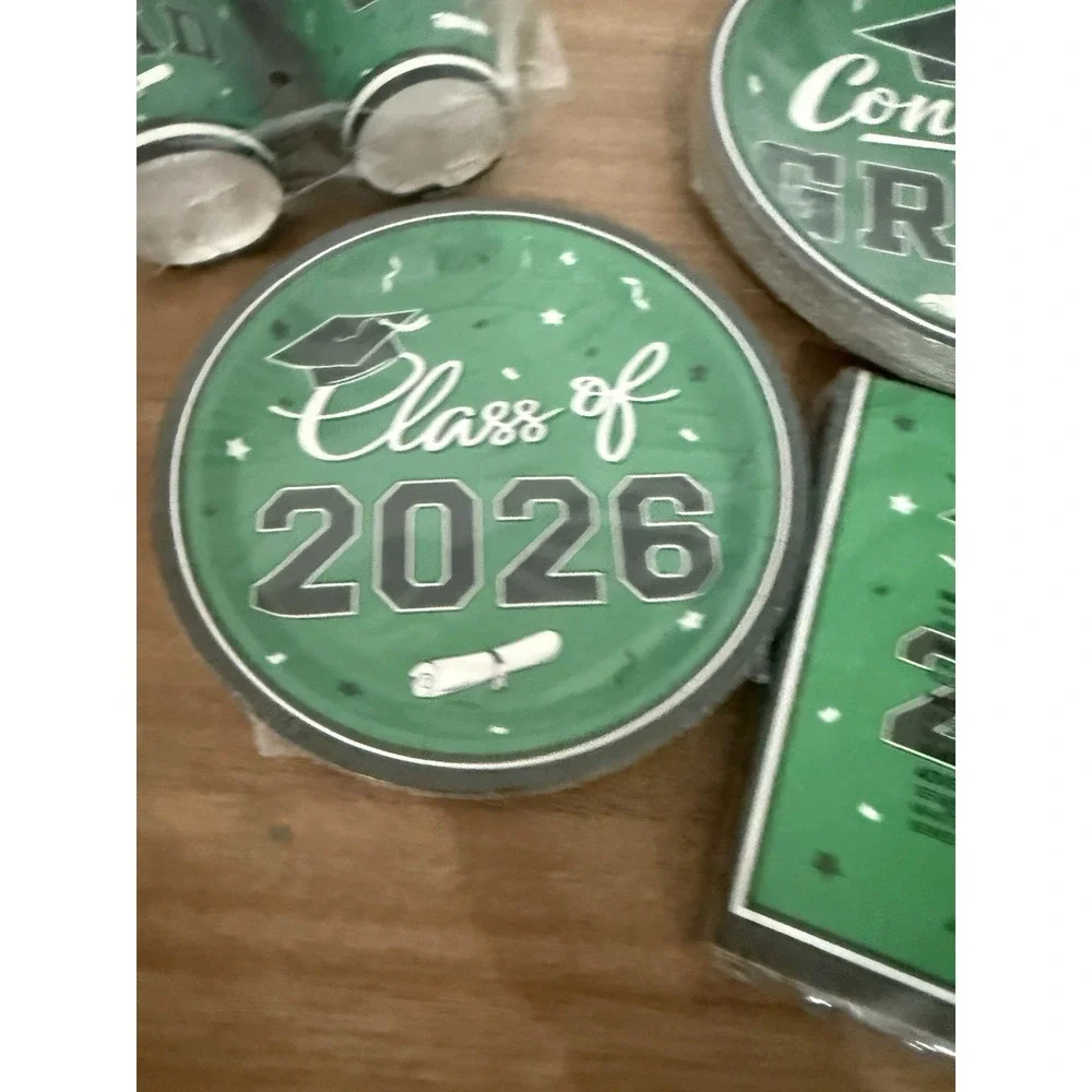 Class of 2026 Graduation Party Set 126 Pc Green Plates Cups Napkins Banner